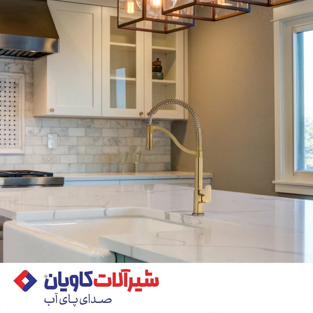 شیر ظرفشویی نیلا علم فنری طلایی مات کاویان، جنس فلز، اهرمی فنری
