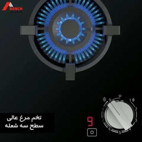 اجاق گاز رومیزی بوش، رنگ مشکی، نقرهای و آبی، جنس شیشه و فلز، توکار تک شعله
