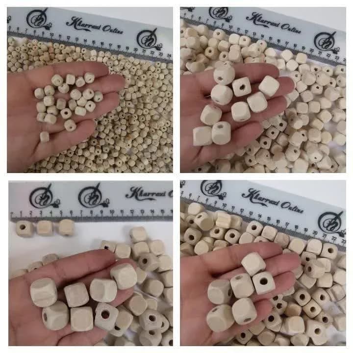 مهره چوبی مکعبی در ۴ سایز، رنگ کرم، گرد
