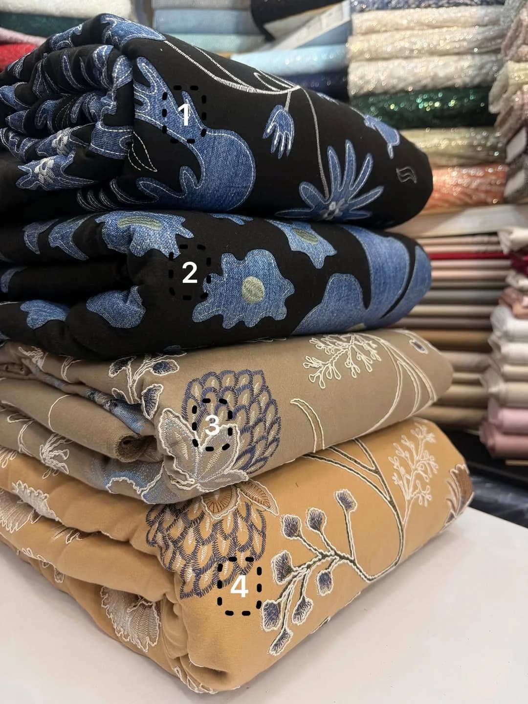 پارچه فوتر گلدوزی — رنگ مشکی — نمای چندکالا — گلدوزی
