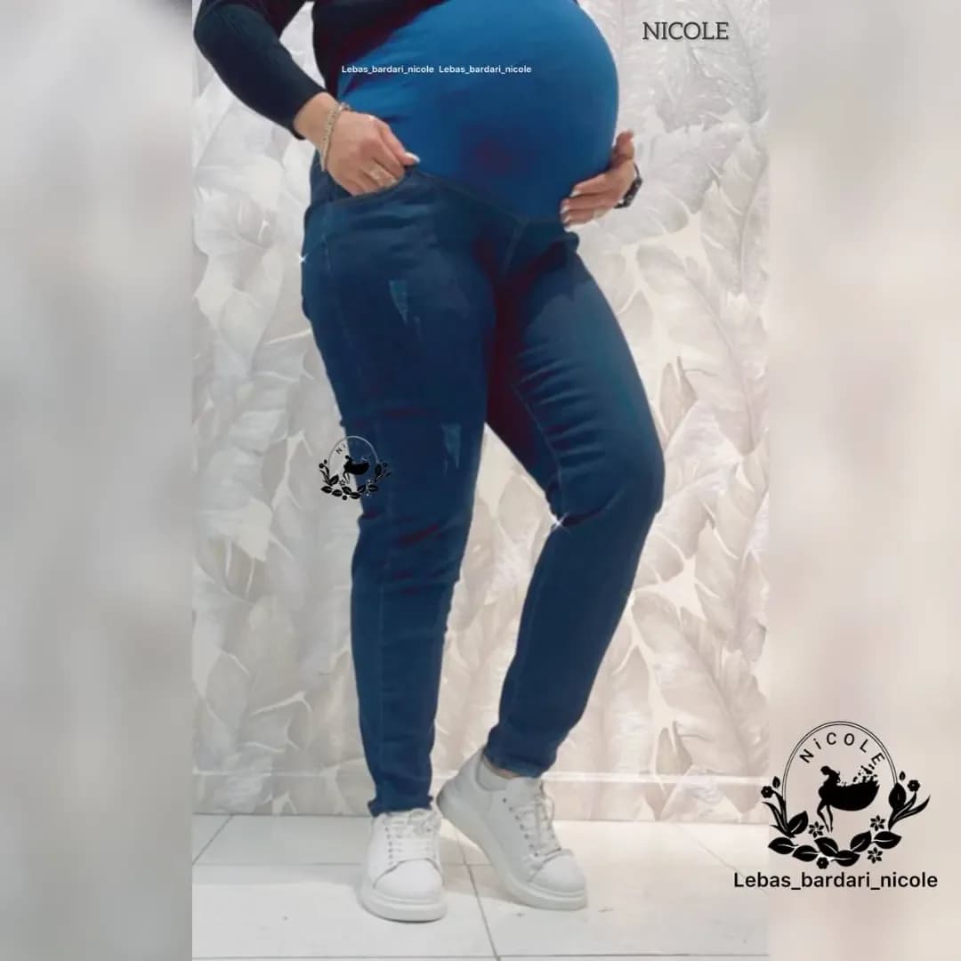 شلوار جین راسته بارداری، رنگ آبی و سفید، جذب، فاق بلند