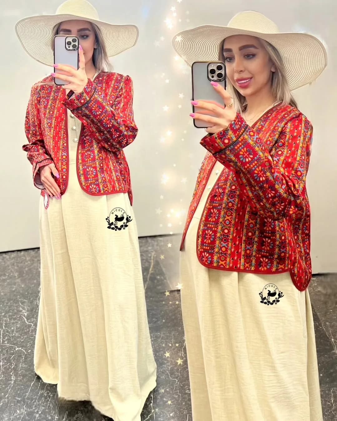 ست کت و سارافون بارداری، رنگ قرمز و کرم، جنس نخ و کتان، طرح هندسی، بلند، یقه گرد، آستین بلند