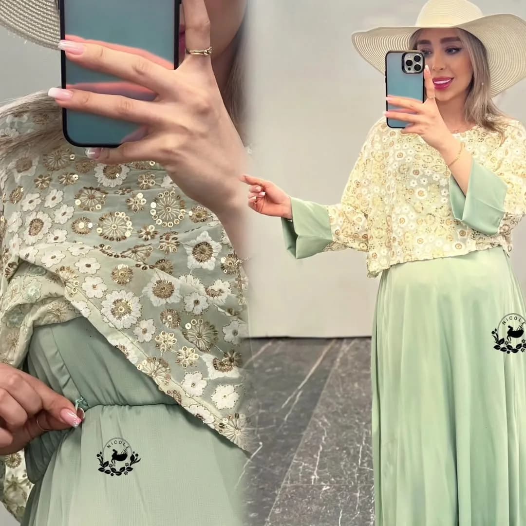 پیراهن بارداری بلند، رنگ سبز روشن و کرم، طرح گلدوزی، ماکسی، یقه گرد، آستین سه ربع