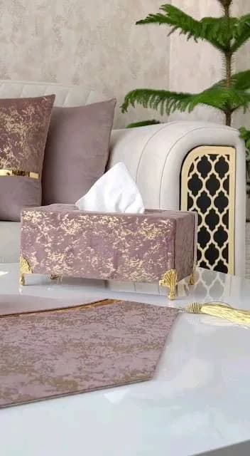 جعبه دستمال کاغذی، رنگ بنفش و طلایی، جنس مخمل، مستطیلی