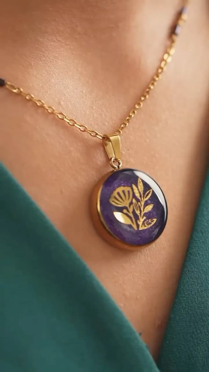 گردنبند شقایق ورق طلا، رنگ طلایی و بنفش، جنس فلز و رزین، طرح گلدار، زنجیری، آویز گرد