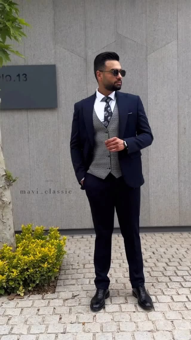 کت و شلوار دامادی، رنگ سرمهای، خاکستری و سفید، جذب، رسمی