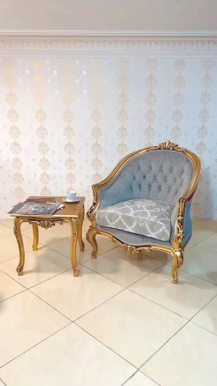 مبل تک رز، رنگ طلایی و خاکستری، جنس چوب و پارچه، صندلی تکنفره سلطنتی