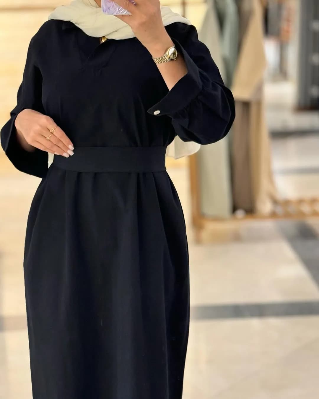 کفتان کمردار لینن — رنگ مشکی — نمای جزئیات — کمربند