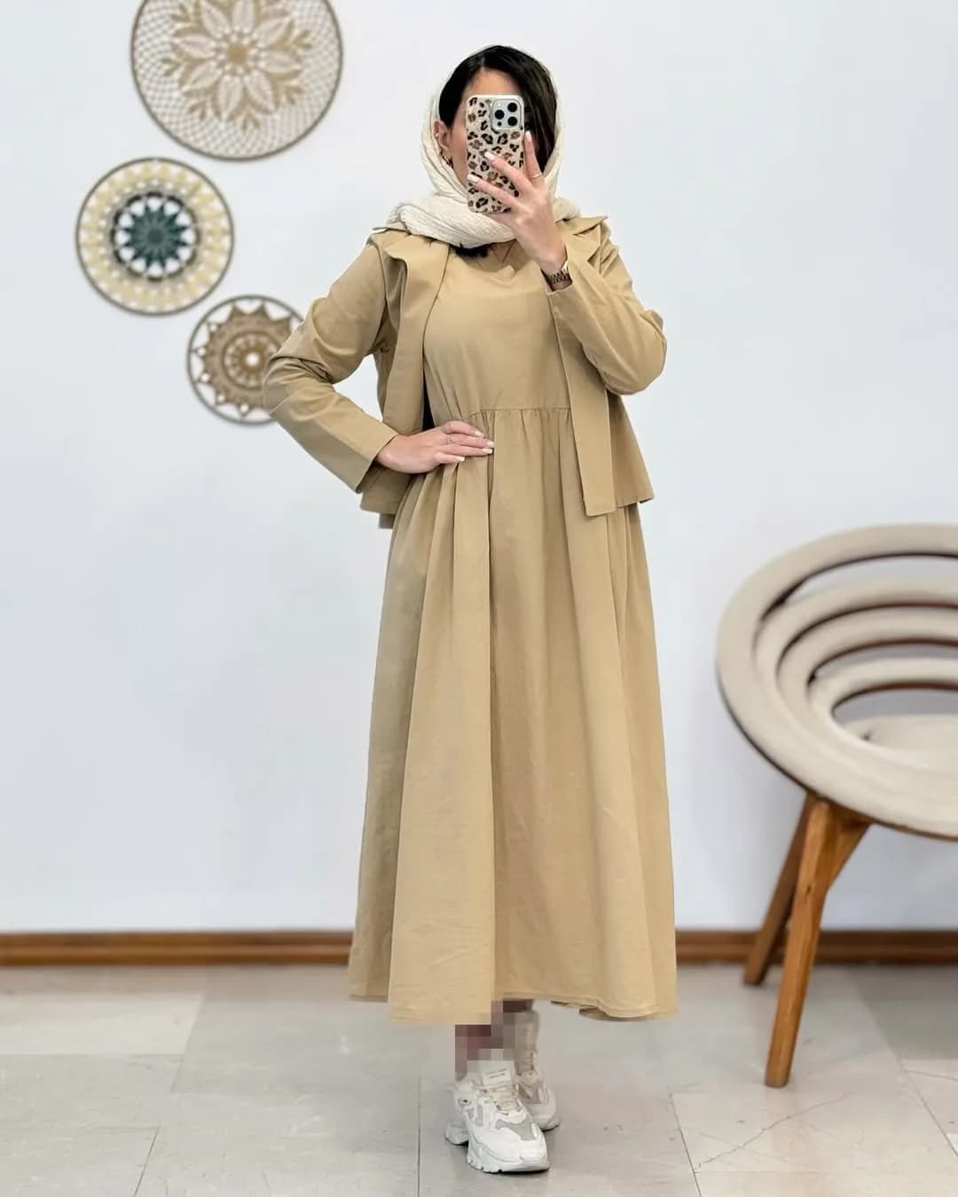 کت سارافن لینن — رنگ بژ — نمای کامل — ست کت و سارافن