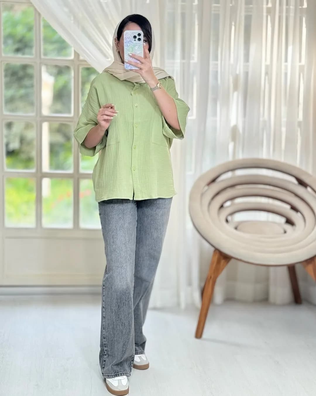 شومیز دبل فیس، رنگ سبز، جنس لینن، کوتاه، یقه مردانه، آستین کوتاه