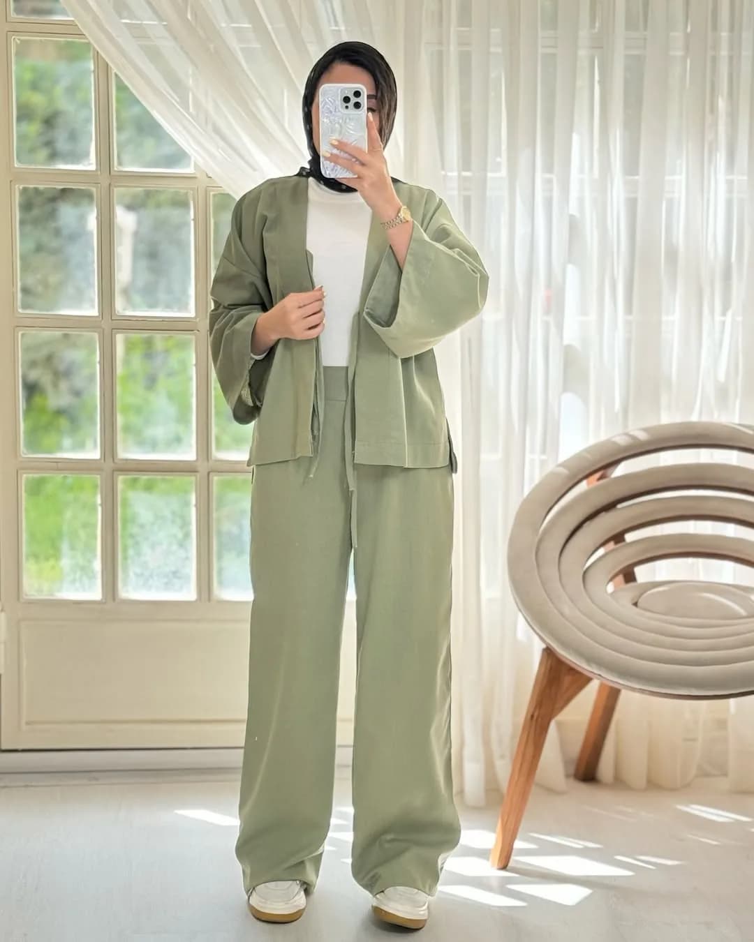 کت گرهای و شلوار بگ لینن، رنگ سبز مریم، کت کوتاه، شلوار گشاد