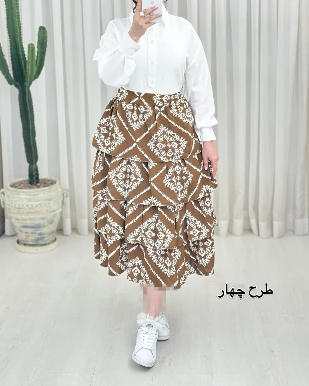 ست شومیز دامن جانات — رنگ خاکی — نمای رویتن — آستین بلند
