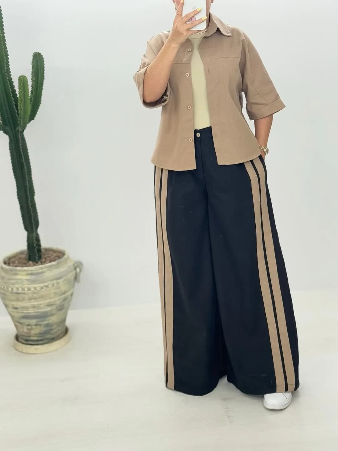 ست دو خط لینن — رنگ خاکی — نمای رویتن — دو خط