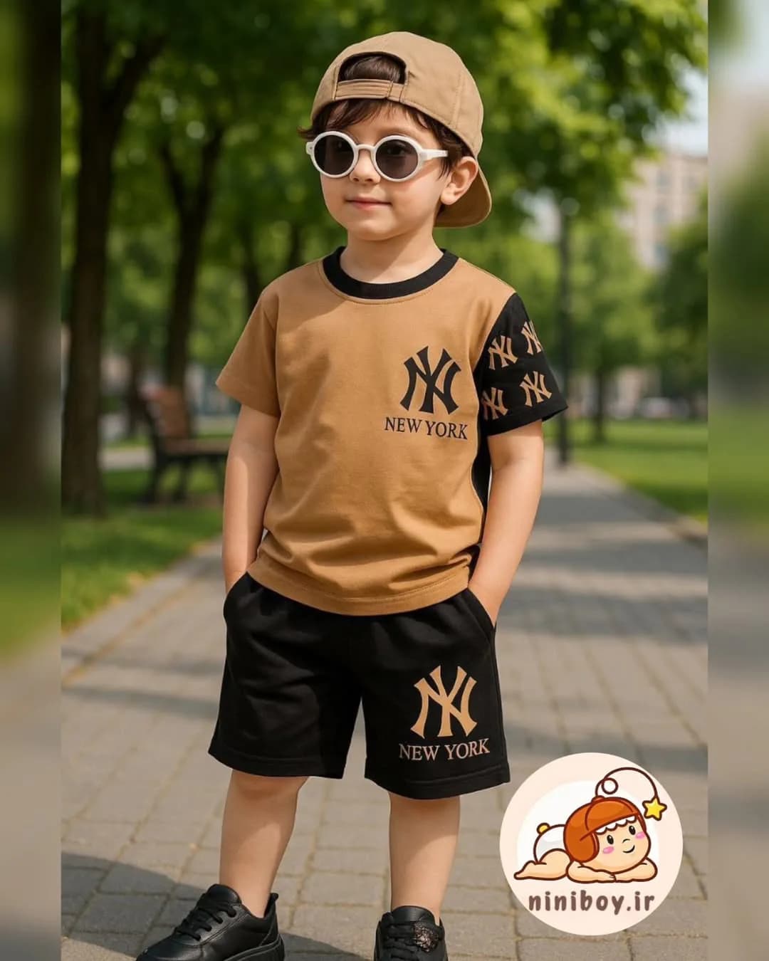 ست تیشرت و شلوارک بچگانه، رنگ قهوهای و مشکی، جنس پنبه، کوتاه، یقه گرد، آستین کوتاه، آزاد