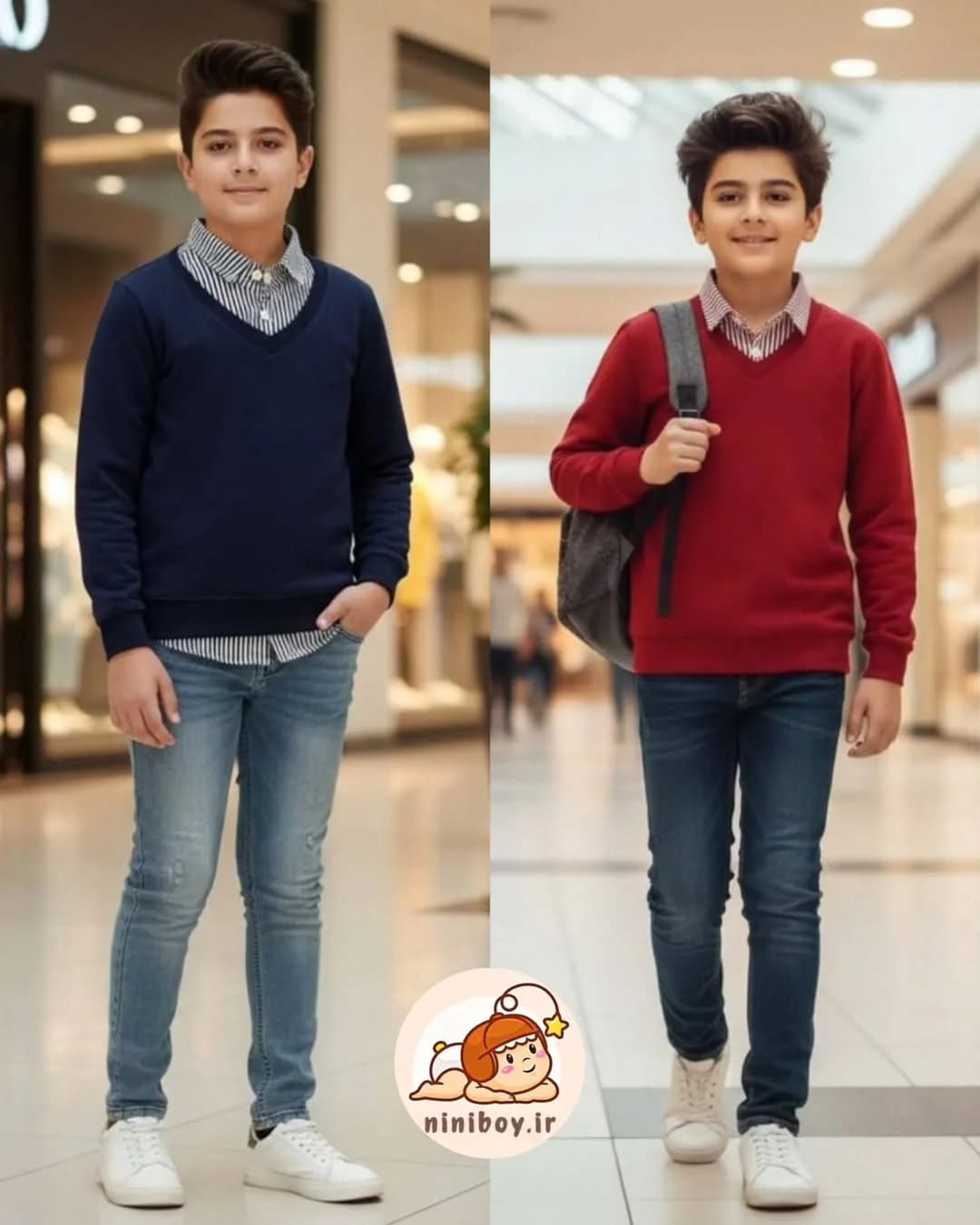 ست پلیور و پیراهن و شلوار جین بچگانه، رنگ سرمهای، قرمز و آبی، جنس پنبهای و پشمی، یقه V، آستین بلند، جذب