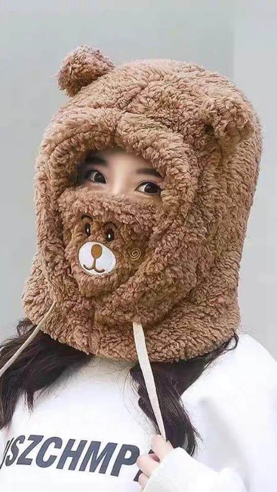 کلاه ماسکدار موهر بچگانه، رنگ قهوه ای و کرم، جنس مخمل، کلاه خرس پوششی با ماسک