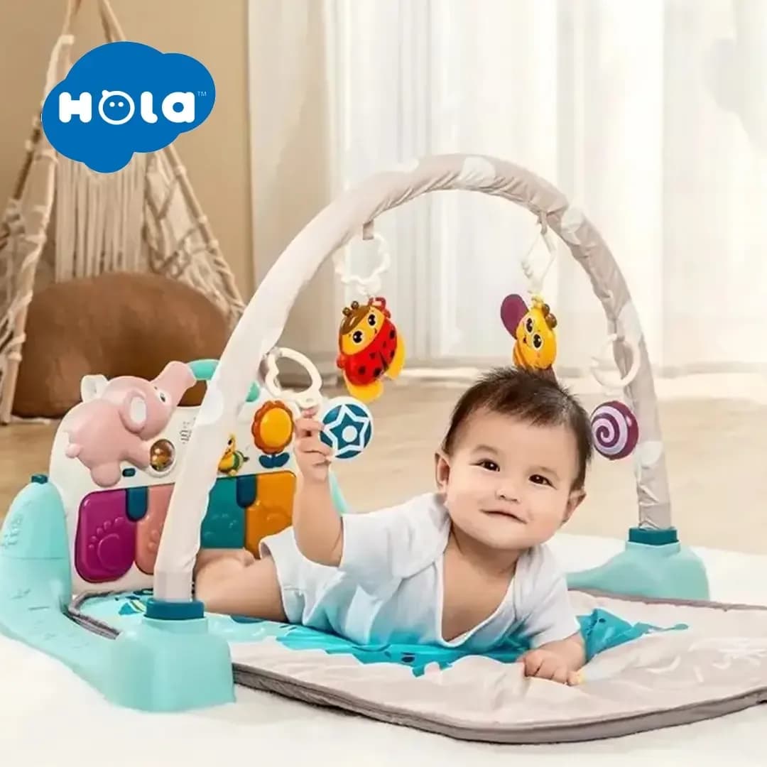 تشک بازی و پلی جیم پیانودار Hola Toys، رنگ سفید و آبی، جنس پارچه و پلاستیک، تشک بازی پیانو دار