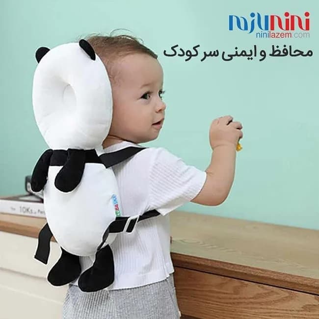 محافظ ایمنی سر کودک، رنگ سفید و مشکی، طرح شخصیت کارتونی، پشتی، بنددار