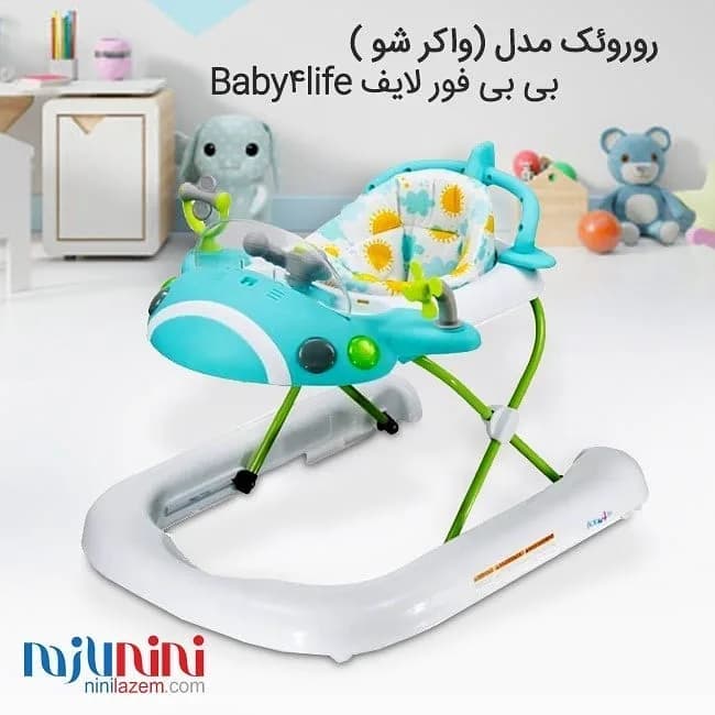 روروئک واکر شو مدل هواپیما بی بی ۴ لایف، رنگ آبی، سبز و سفید، جنس پلاستیک و پارچه، طرح گلدار، مدل ماشین
