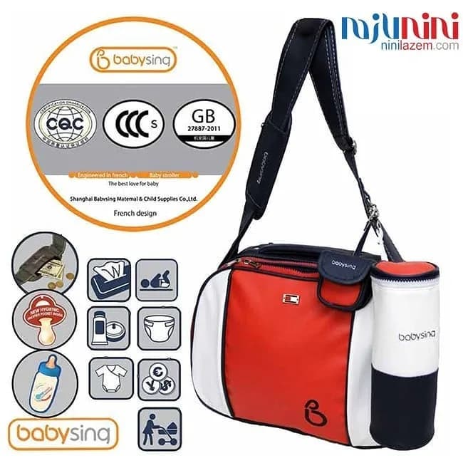 ساک لوازم نوزاد و مادر Babysing، رنگ قرمز، سفید و سیاه، جنس برزنت و پارچه، ساک لوازم رودوشی