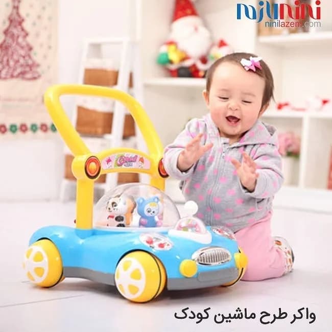 واکر ماشین کودک، رنگ آبی و زرد، جنس پلاستیک، طرح ماشین