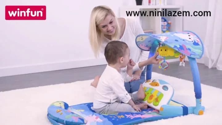 پلی جیم نوزاد Win Fun، رنگ آبی و زرد، جنس پارچه و پلاستیک، طرح شخصیت کارتونی، تشک دار با کمان