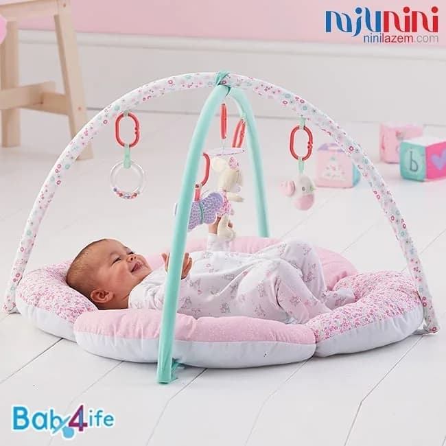 تشک بازی پلی جیم طرح خرگوش Baby4life، رنگ صورتی، سفید و آبی، جنس پارچه و پلاستیک، طرح گلدار، تشک دار با کمان