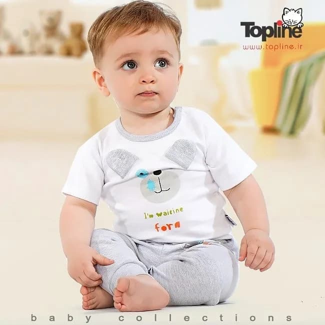 ست لباس نوزاد تاپ لاین، رنگ سفید و خاکستری، جنس پنبه، طرح شخصیت کارتونی، تیشرت و شلوار