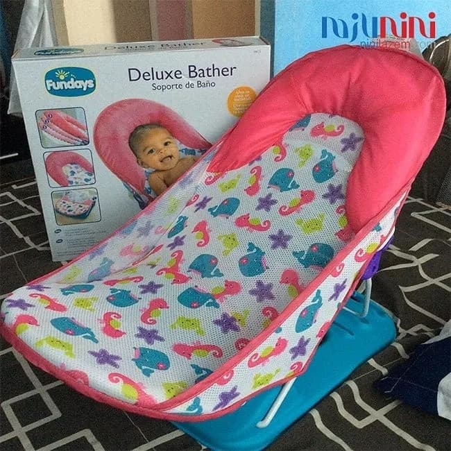 آسانشور تاشو نوزادی فان دیز، رنگ صورتی، آبی و سفید، جنس پلاستیک و پارچه، طرح شخصیت کارتونی، ارگونومیک