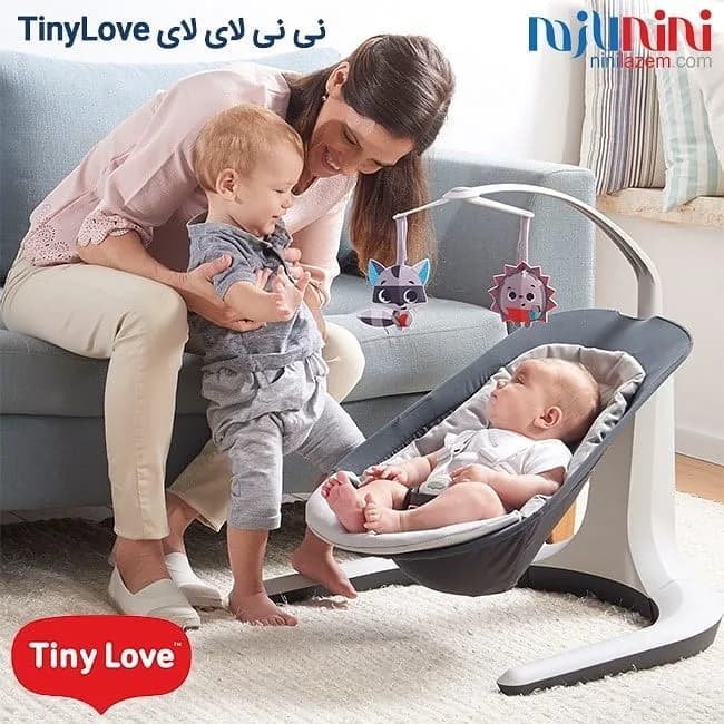 نی نی لای لای و صندلی راحتی نوزاد تینی لاو، رنگ خاکستری و سفید، جنس فلز و پارچه، تاب ارگونومیک موزیکال