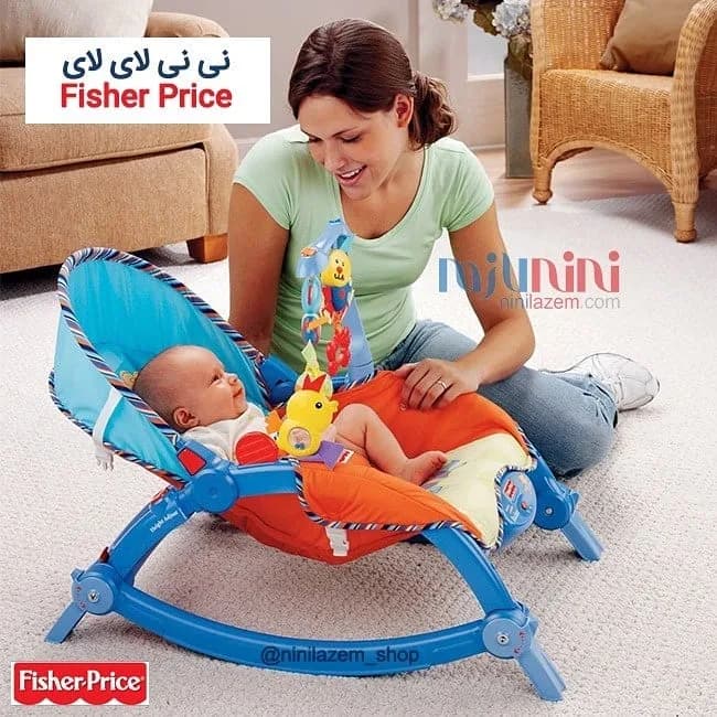نی نی لای لای صندلی نوزاد فیشر پرایس، رنگ آبی و نارنجی، موزیکال و متحرک