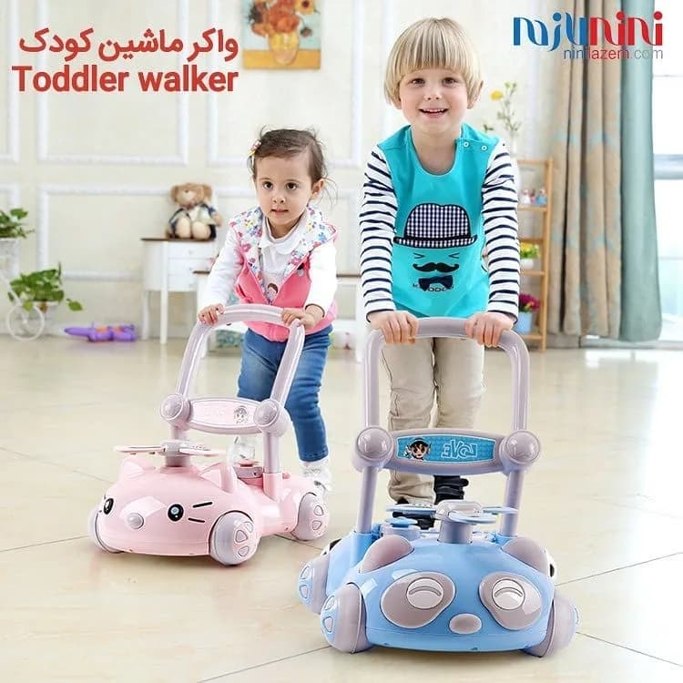 واکر ماشین کودک مدل هلی کوپتر، رنگ صورتی و آبی، جنس پلاستیک، مدل ماشین، دستهدار