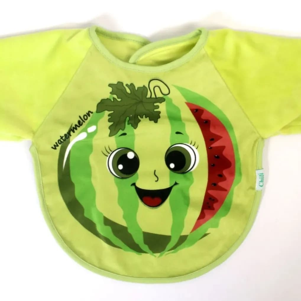 پیشبند آستین دار نوزاد Chili baby، رنگ سبز لیمویی، سبز و قرمز، طرح شخصیت کارتونی، گرد، آستین کوتاه