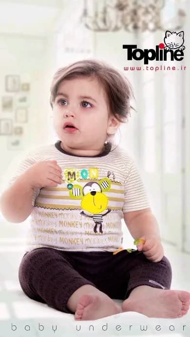 ست لباس نوزادی ۱۲ تکه طرح میمون Topline، رنگ کرم و قهوهای، جنس پنبه، طرح شخصیت کارتونی و راهراه، تیشرت آستین کوتاه، شلوار