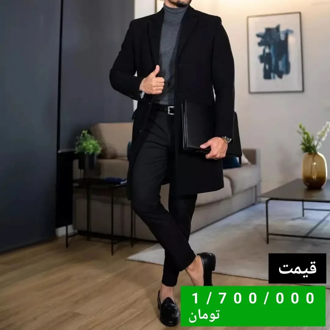 پالتو مردانه جنس فوتر، رنگ مشکی، بلند، یقه انگلیسی، راسته