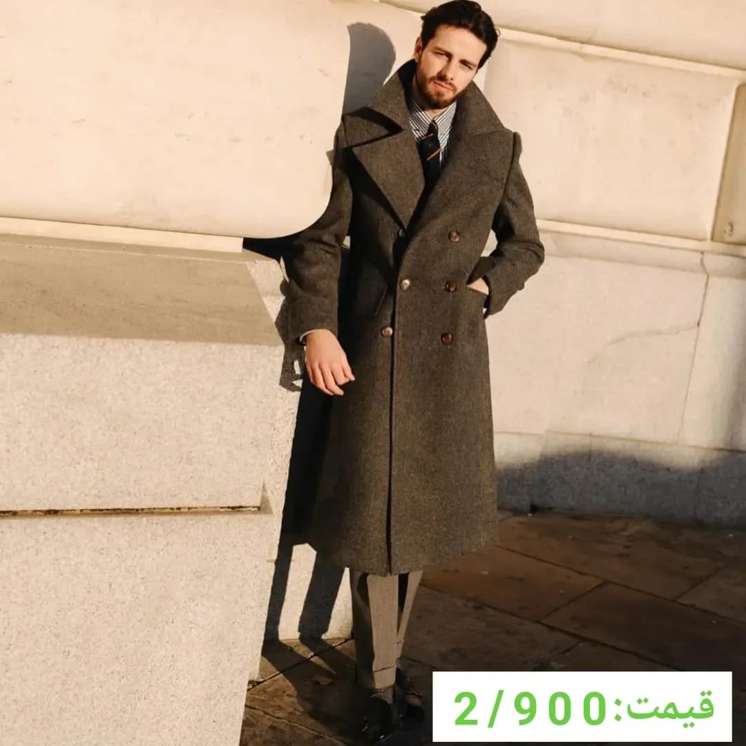 پالتو مردانه، رنگ خاکستری، جنس پشم، بلند، یقه انگلیسی، دبلبرست
