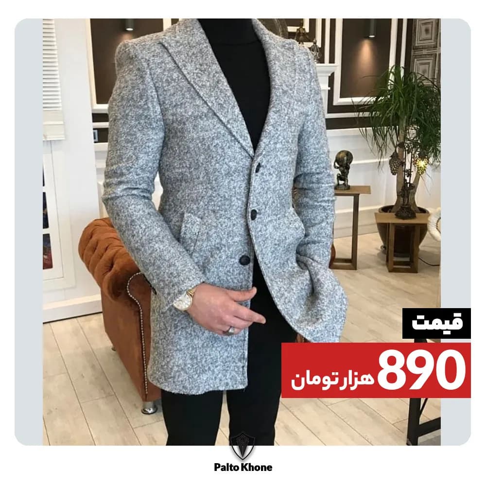 پالتو، رنگ خاکستری و سفید، بلند، یقه پهن، دکمهدار