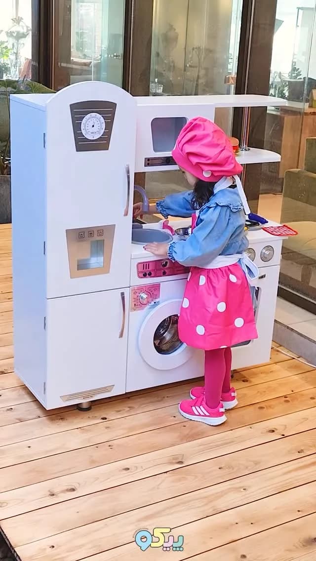آشپزخانه چوبی کودک، رنگ سفید، صورتی و آبی، جنس پارچه، بزرگ چوبی