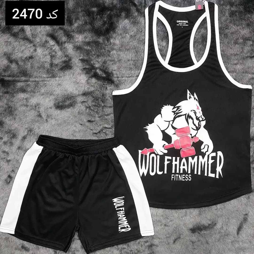ست رکابی و شلوارک ورزشی WOLF، رنگ مشکی، سفید و صورتی، رکابپوش یقهحلقهای، شلوارک کوتاه