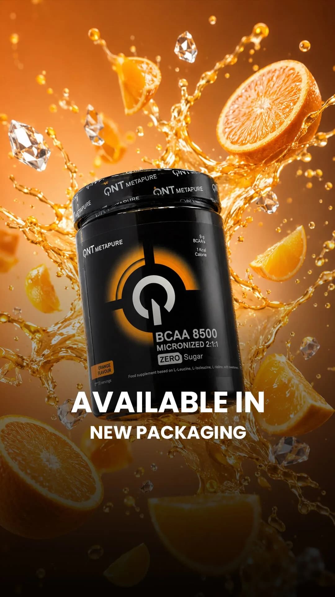 مکمل BCAA 8500 QNT، رنگ مشکی و نارنجی، جنس پلاستیک، بطری پودری