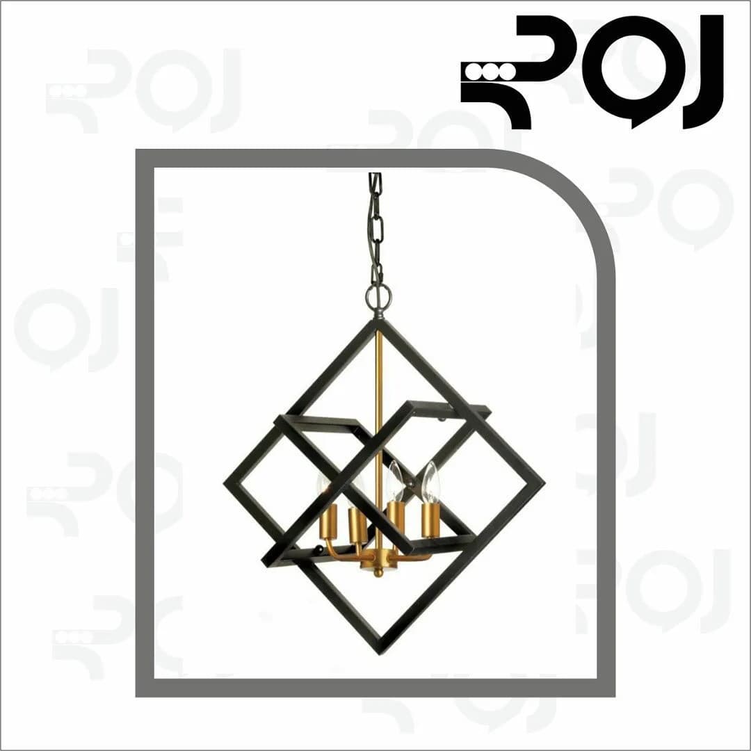 لوستر آویز فلزی ۴۰×۴۰، رنگ مشکی و طلایی، قفسی هندسی