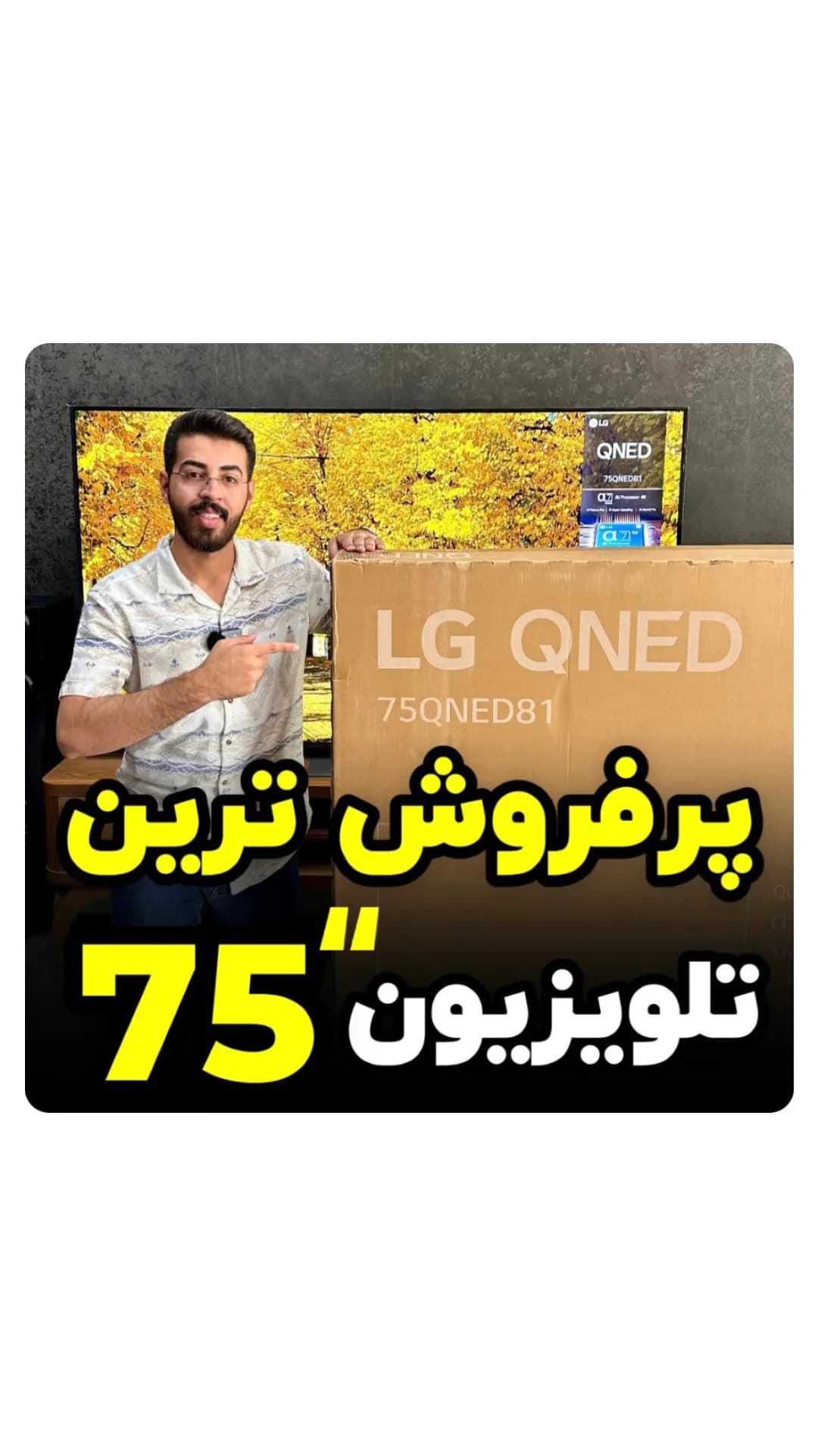 تلویزیون QNED81 ۷۵ اینچ ال جی، رنگ قهوهای، جنس مقوا، مکعب مستطیل