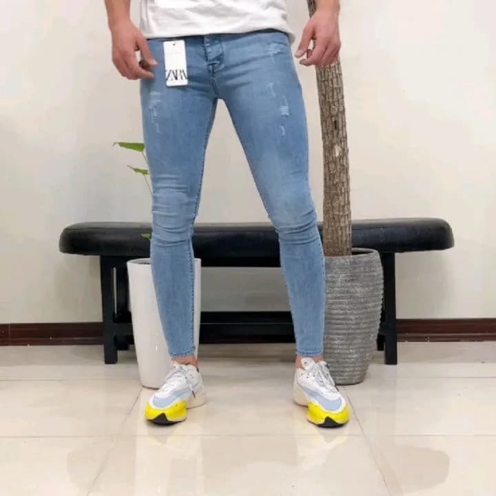 شلوار جین مردانه، رنگ آبی روشن، جذب، مچدار