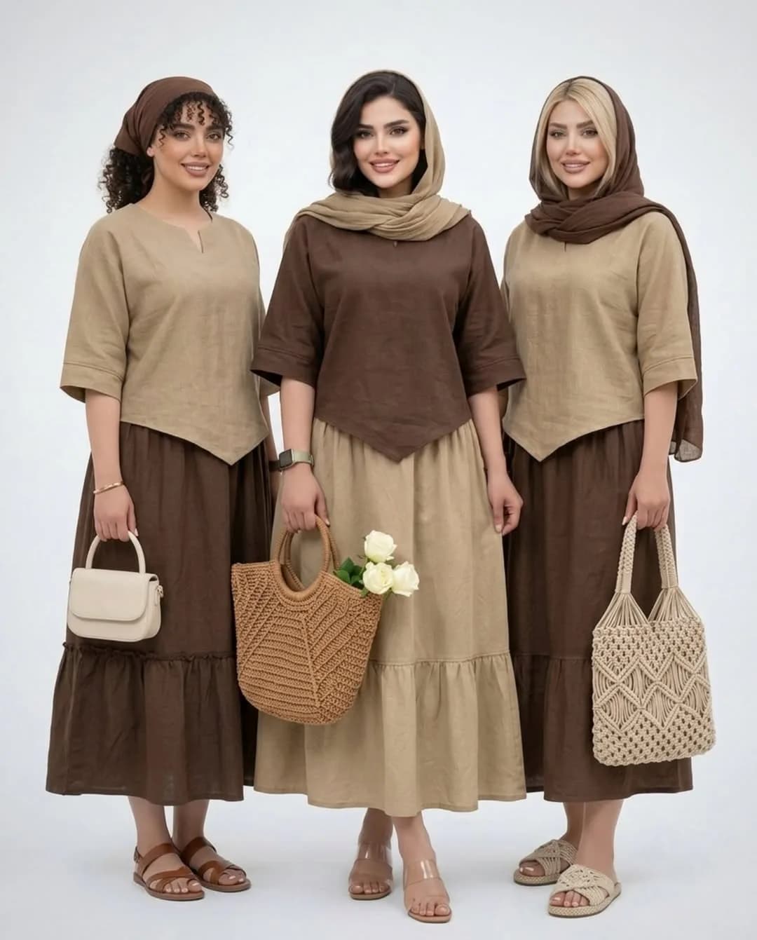 ست رویه و دامن نخی، رنگ قهوهای و کرم، جنس لینن، شومیز یقه هفت، دامن بلند چیندار