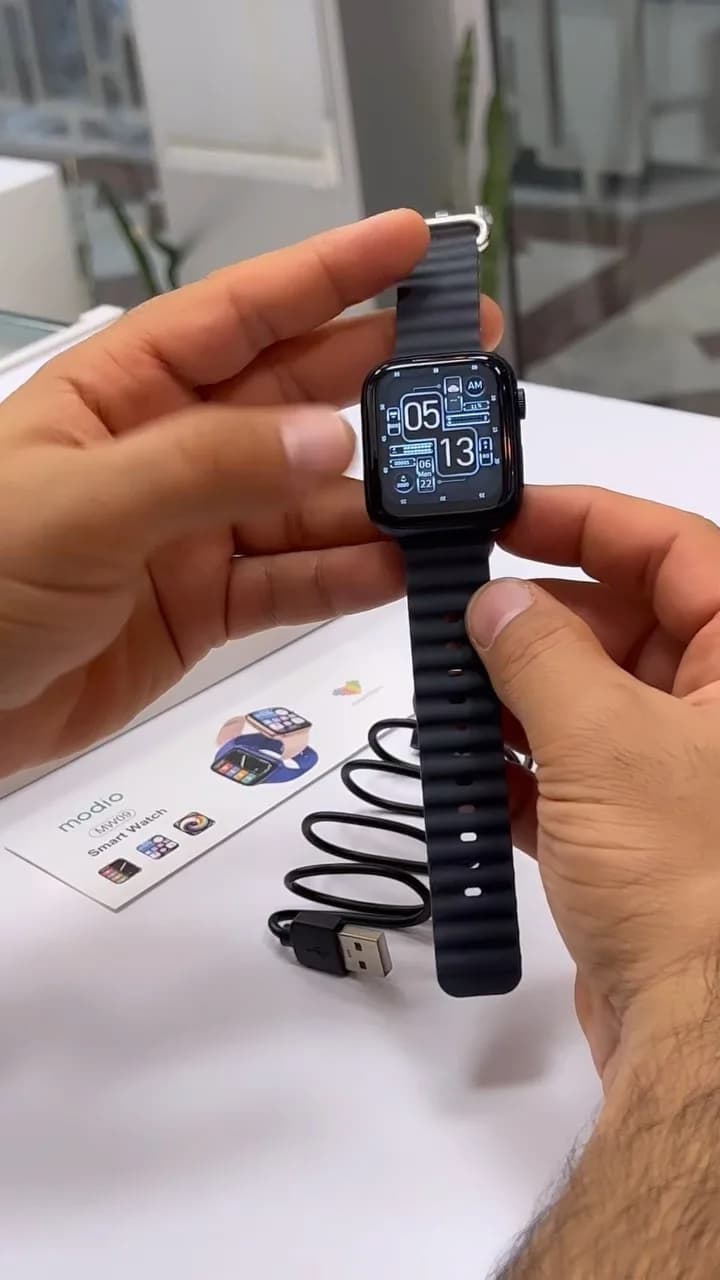 ساعت هوشمند Modio MW09، رنگ مشکی، جنس فلز و سیلیکون، مستطیلی، بند سیلیکونی