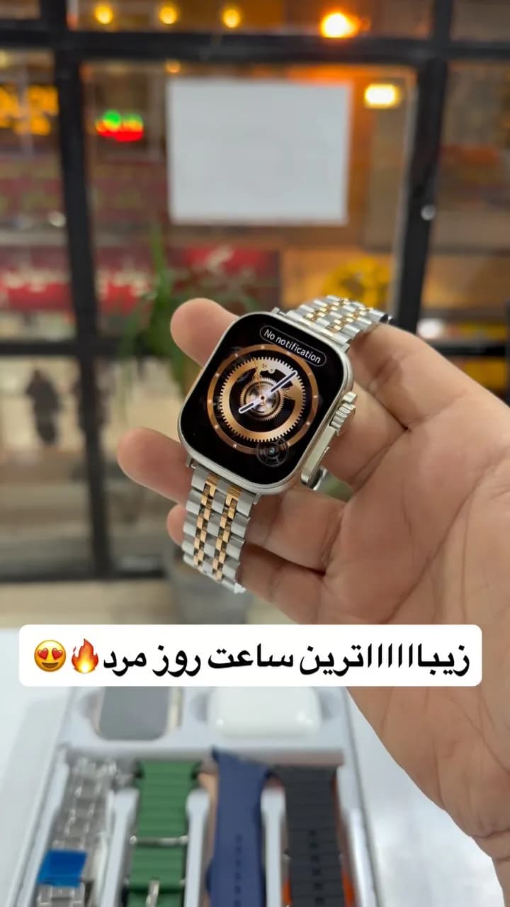 پک ساعت هوشمند با ۷ بند و ایرپاد، رنگ نقرهای و طلایی، جنس فلز، صفحه مستطیل با بند فلزی