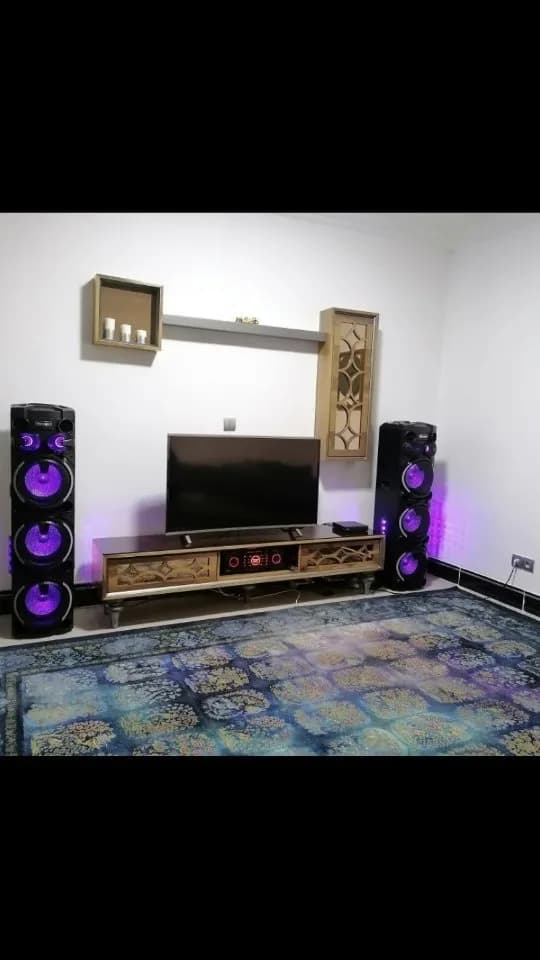 اسپیکر، رنگ مشکی و بنفش، جنس پلاستیک و چوب، استوانهای بزرگ