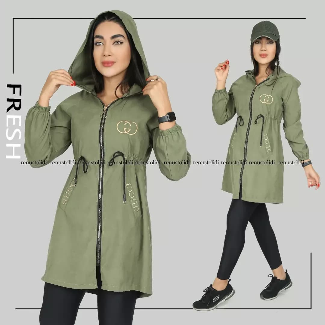 مانتو میکرو پاییزه کلاهدار، رنگ زیتونی، بلند، زیپدار، کمربند بنددار