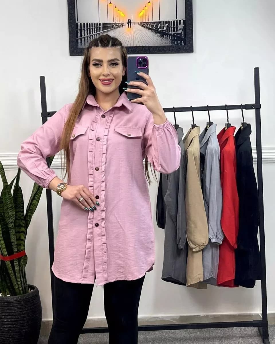 مانتو شومیز عروسکی بابوس، رنگ صورتی، طوسی، کرم، قرمز و سرمهای، بلند، یقه دار، آستین بلند، گشاد