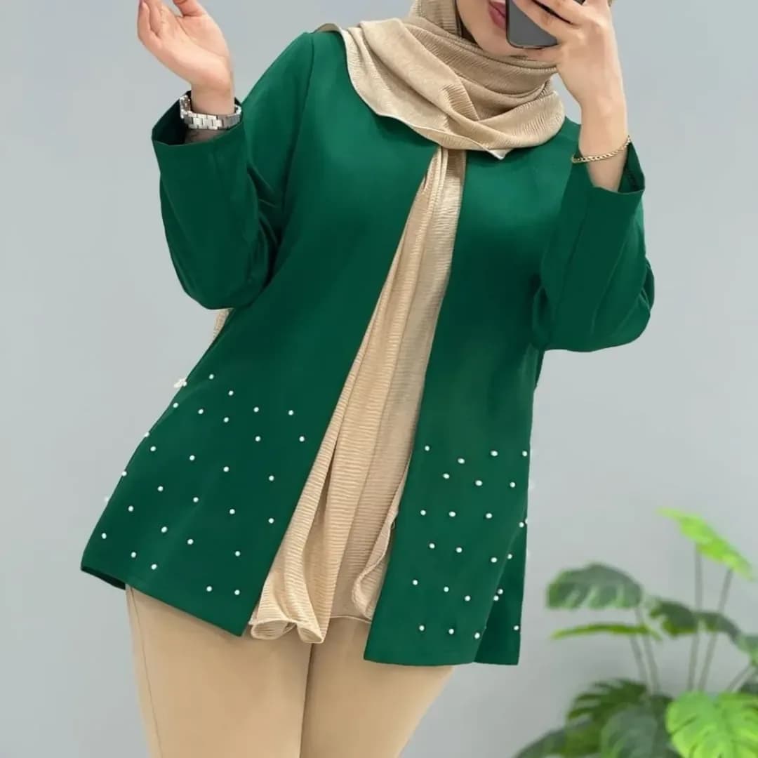 کت مازراتی مروارید دوزی کد۳۴۵، رنگ سبز، طرح گلدوزی، کوتاه، یقه باز، آستین بلند